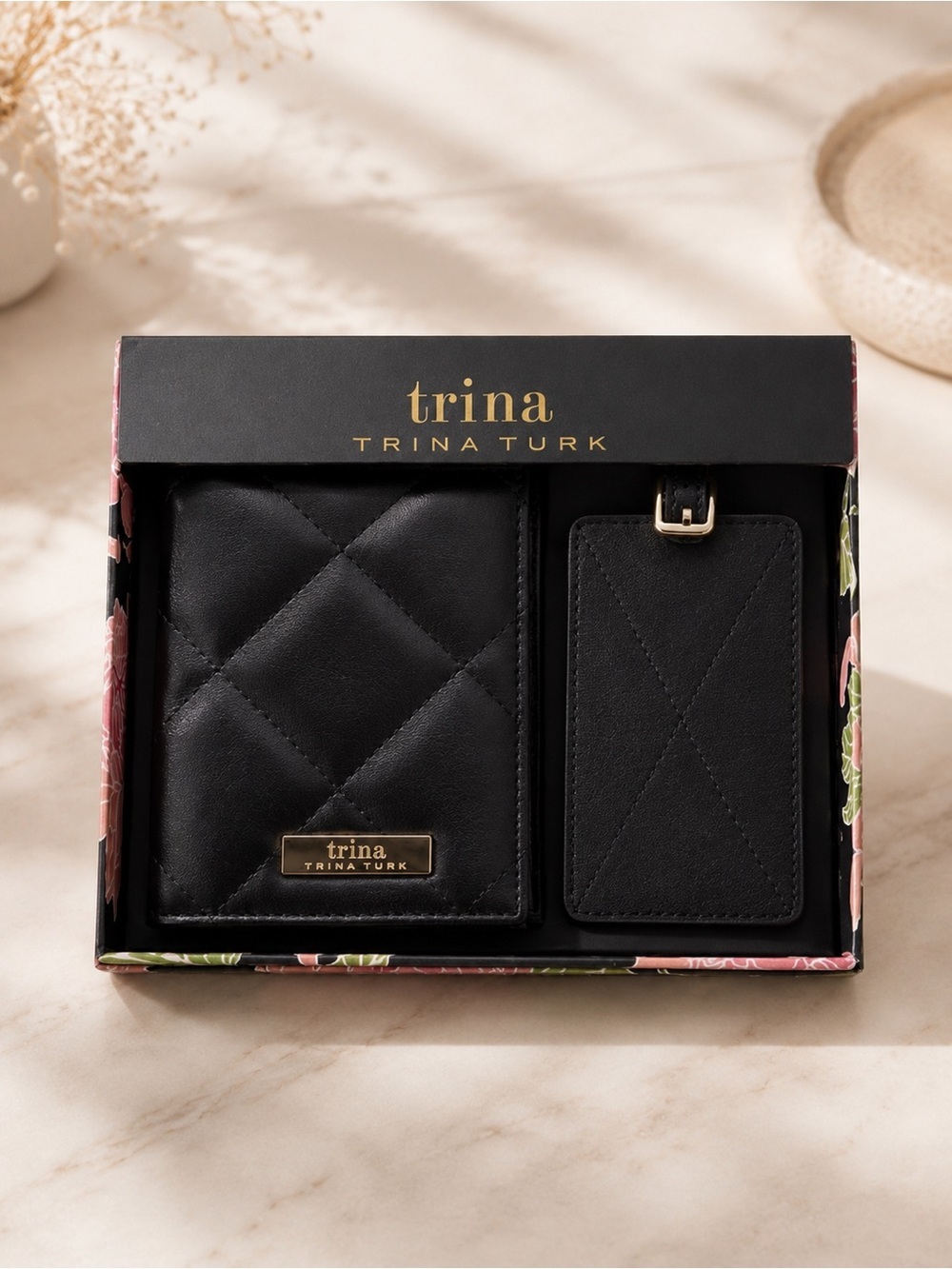 Trina Turk Black Quilted Passport Holder Luggage Tag Set NWT